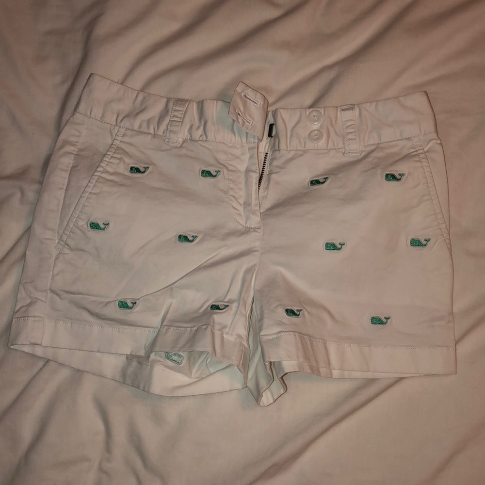 white shorts with embroidered whales